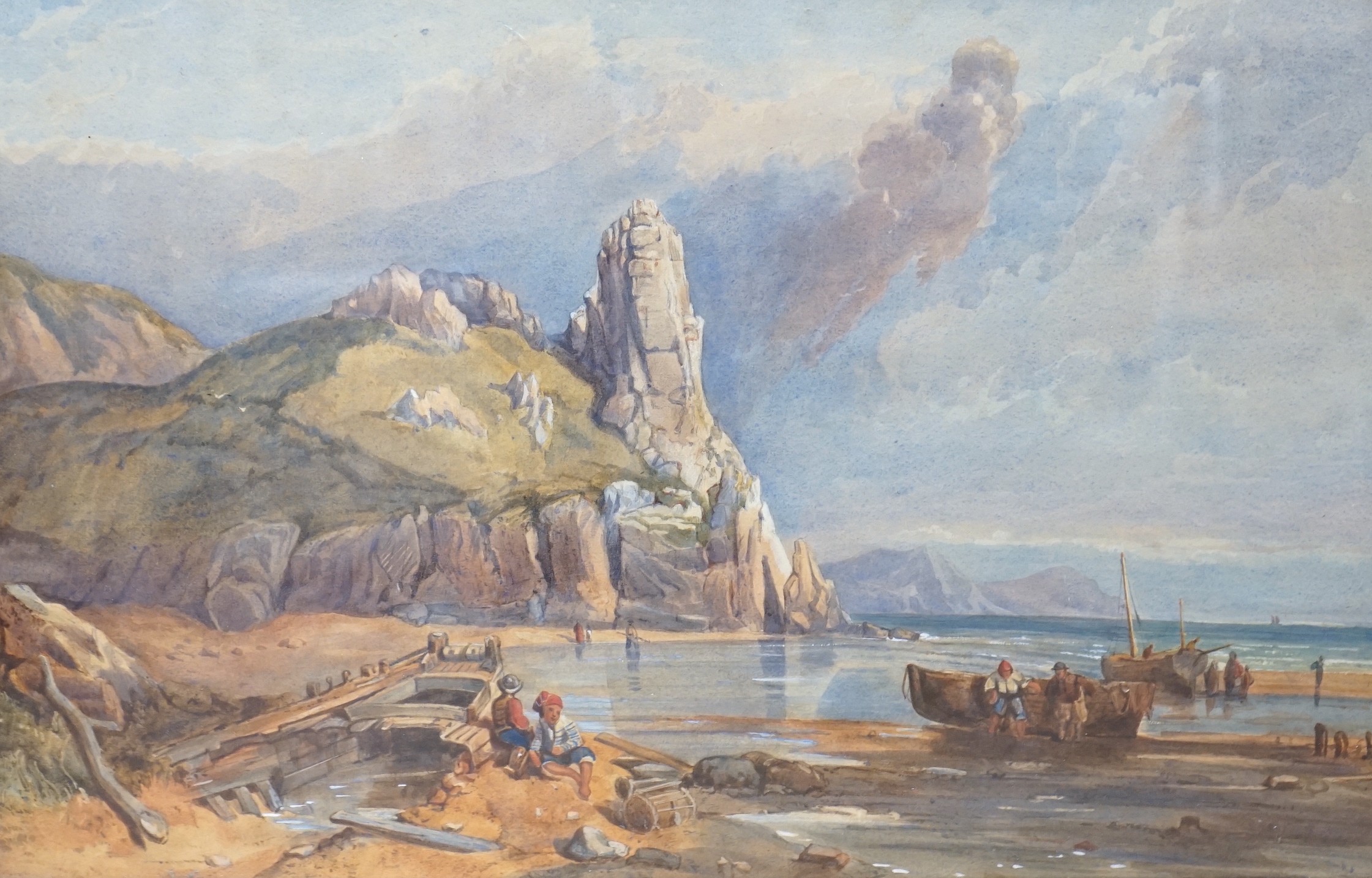 Victorian School, watercolour, Coastal landscape with fisherfolk, 37 x 55cm